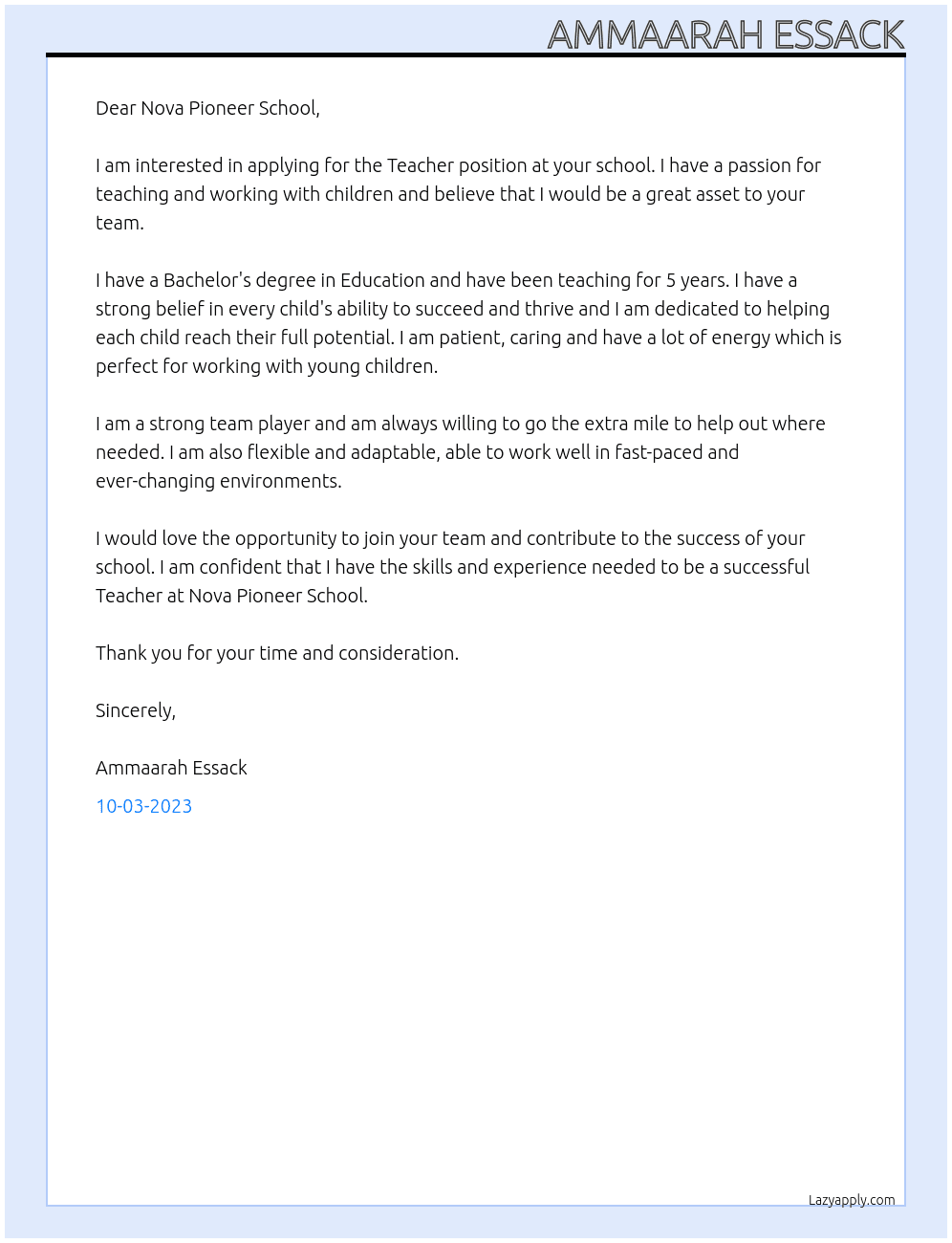 Teacher At Nova Pioneer School Cover Letter