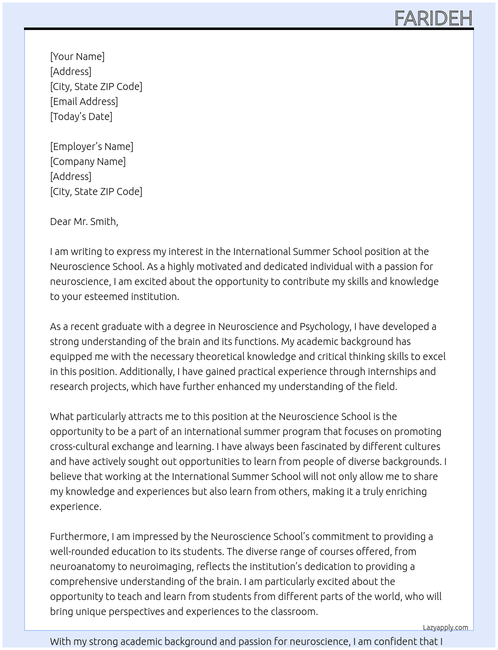 international summer school At neuroscience school Cover Letter