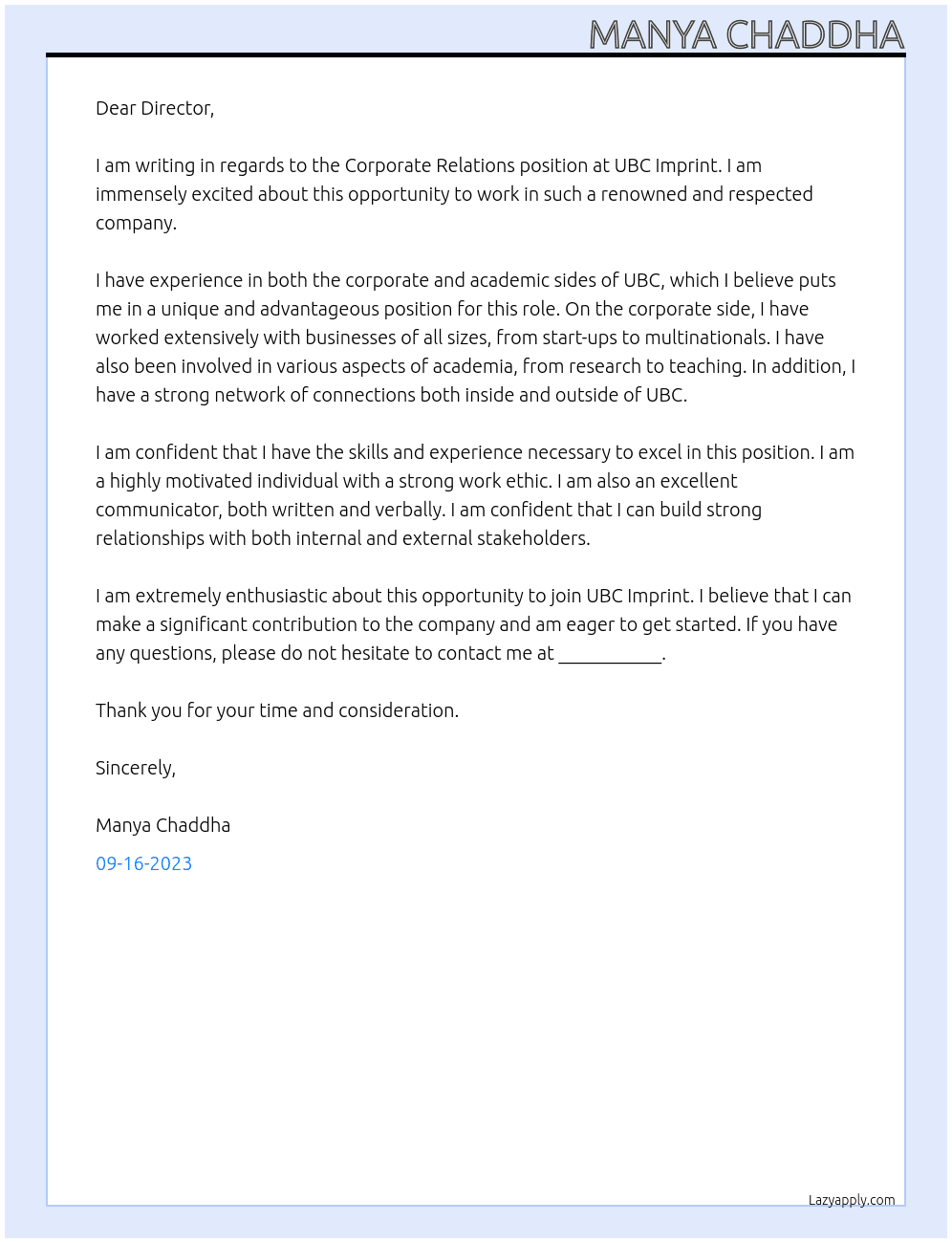 Coorparate Relations At UBC Imprint Cover Letter