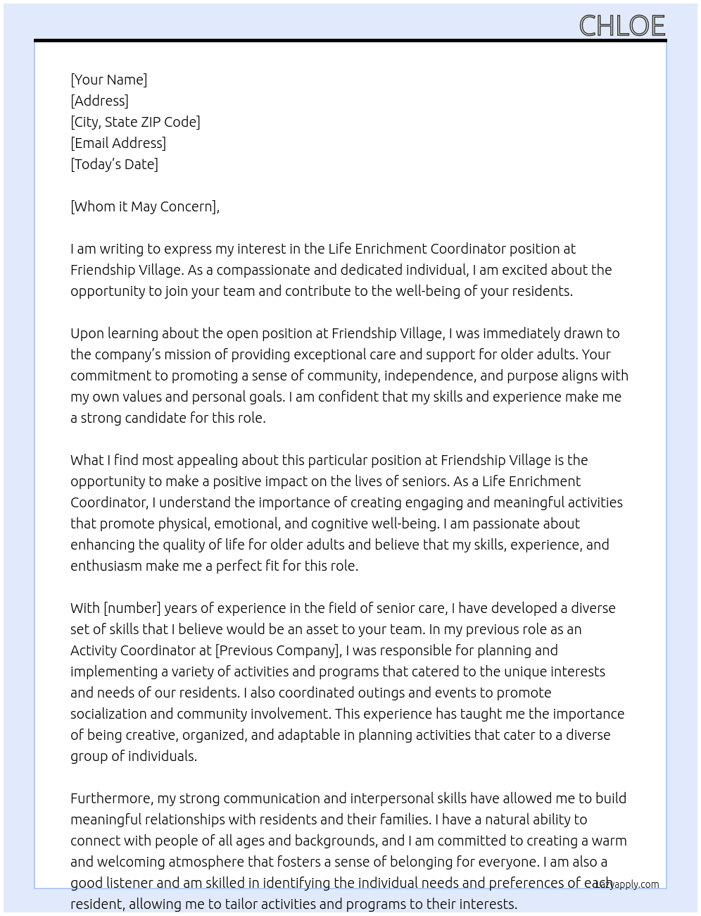Life Enrichment Coordinator At Friendship Village Cover Letter