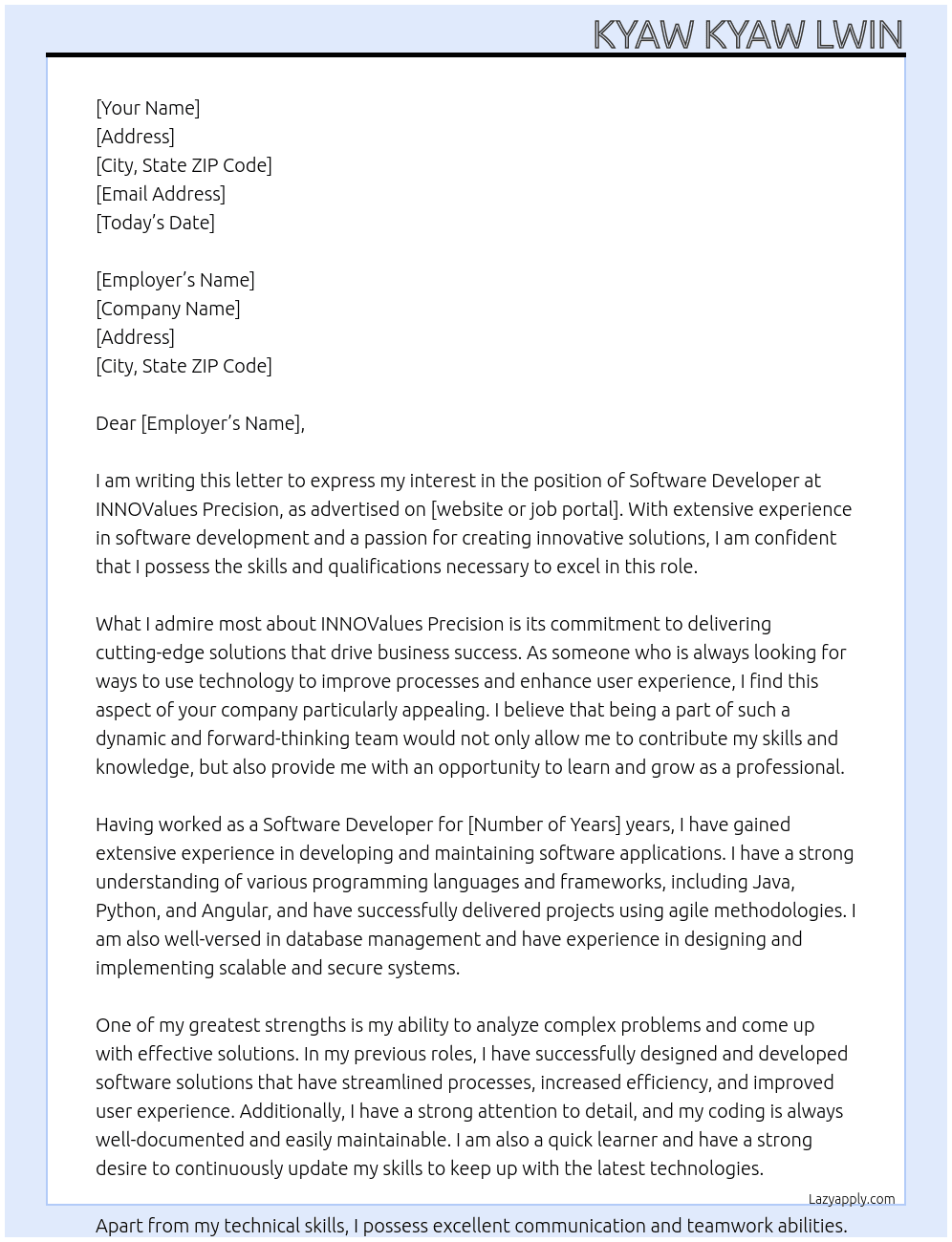 Software Developer At INNOValues Precision Cover Letter