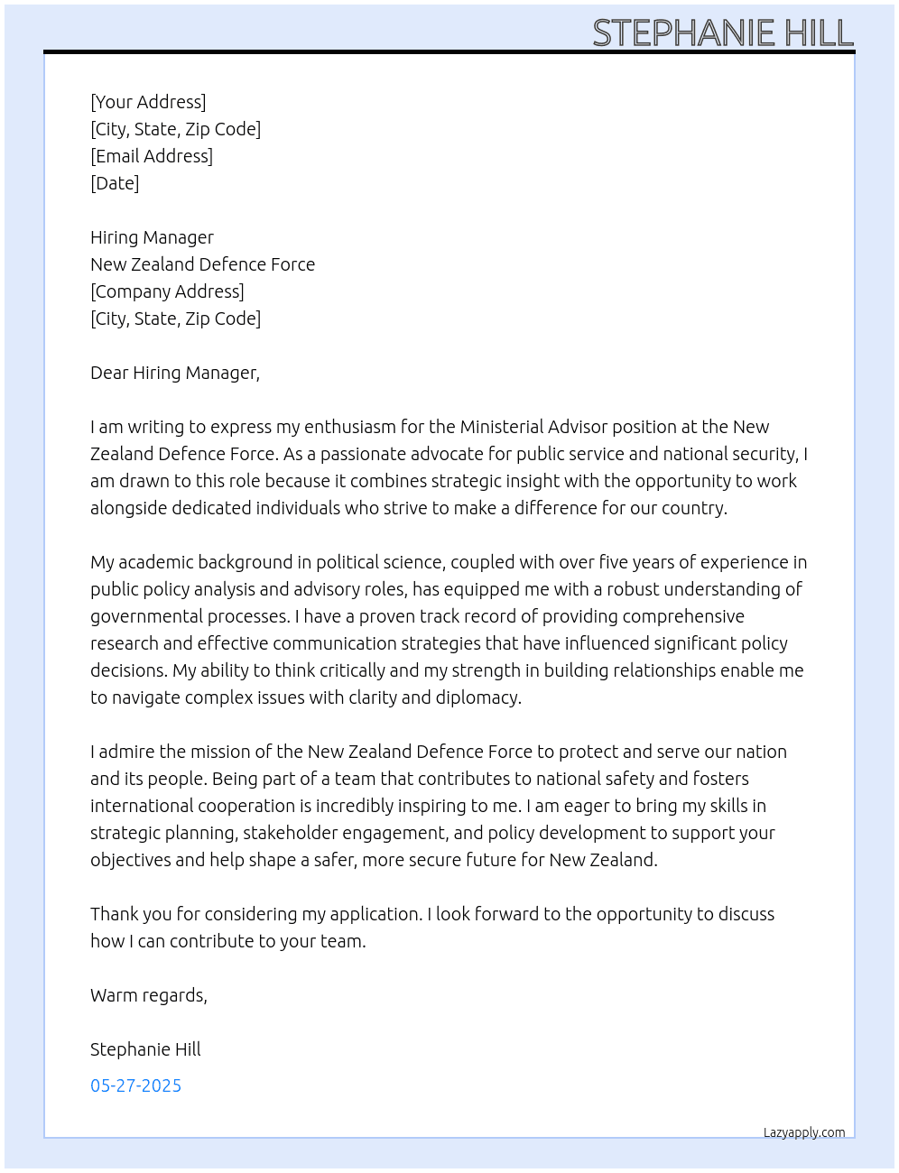 Ministerial Advisor At New Zealand Defence Force Cover Letter