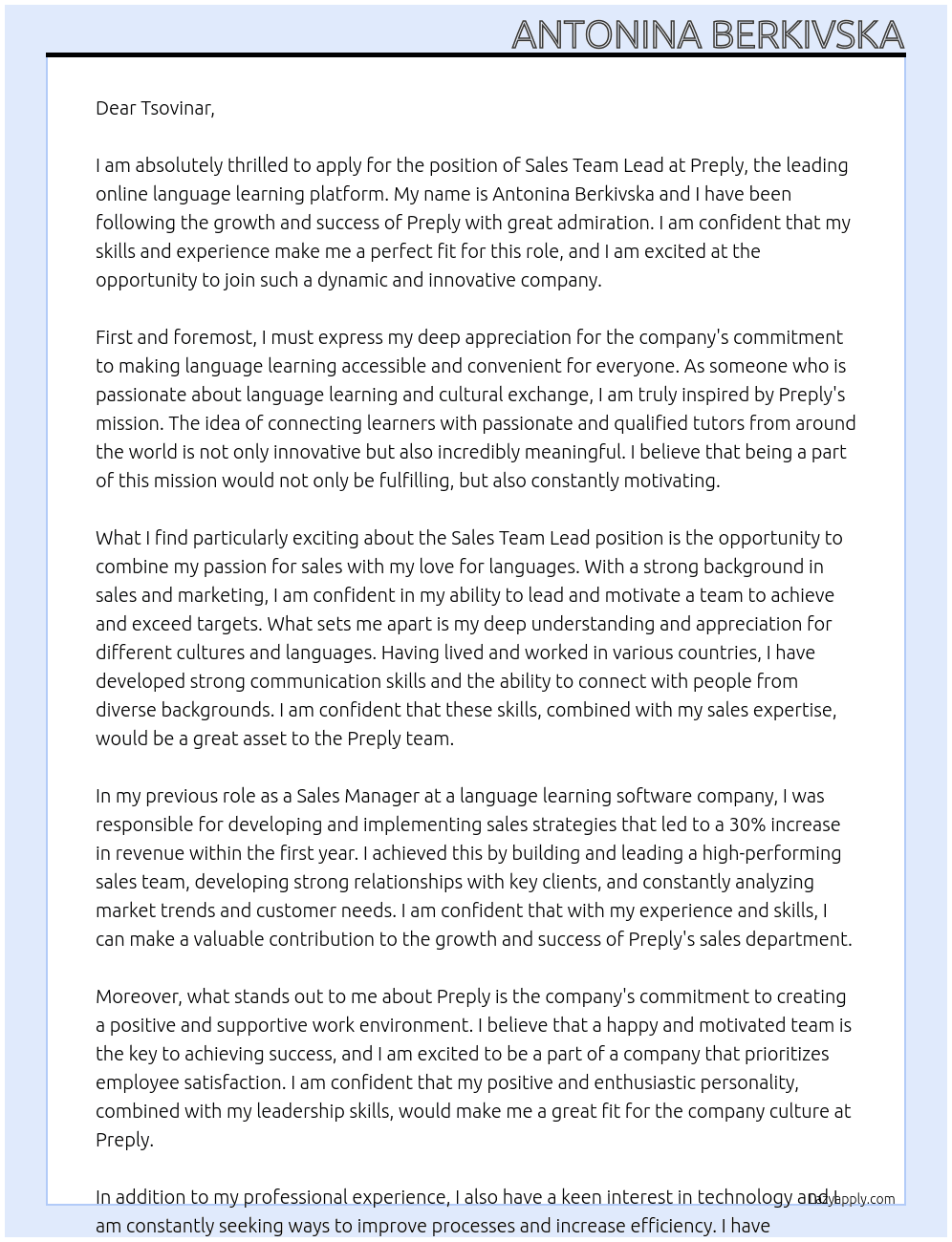 Sales Team Lead At https://preply.com/ Cover Letter