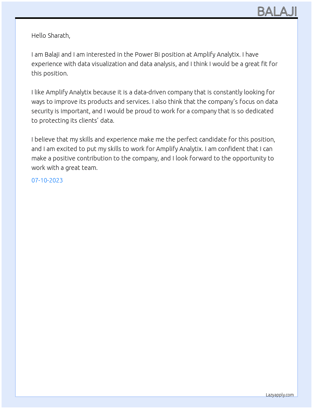 Power Bi At Amplify Analytix Cover Letter