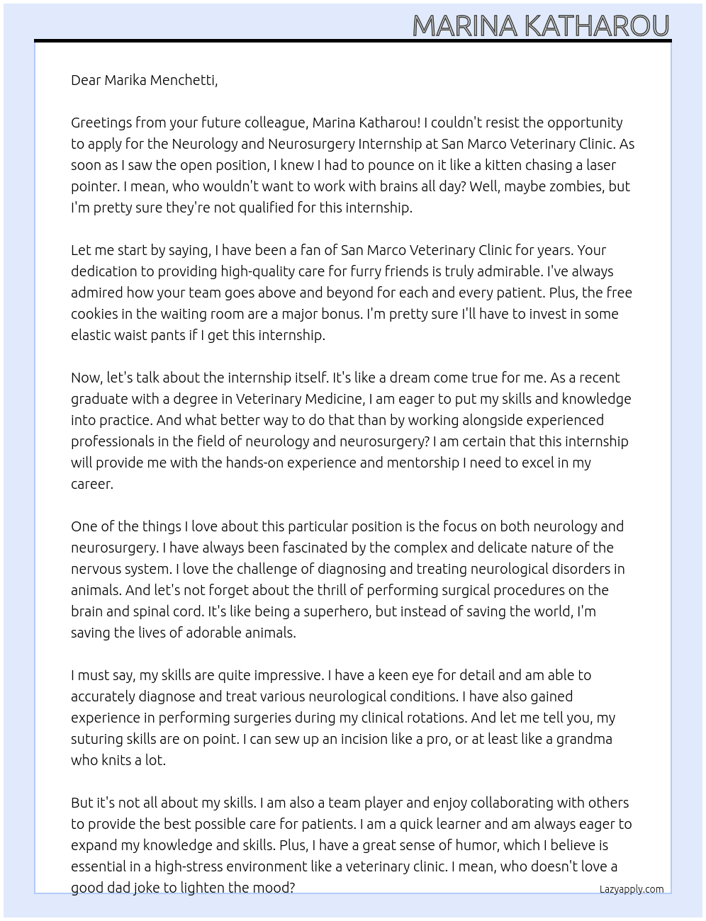 Neurology and Neurosurgery Internship At San Marco Veterinary Clinic Cover Letter