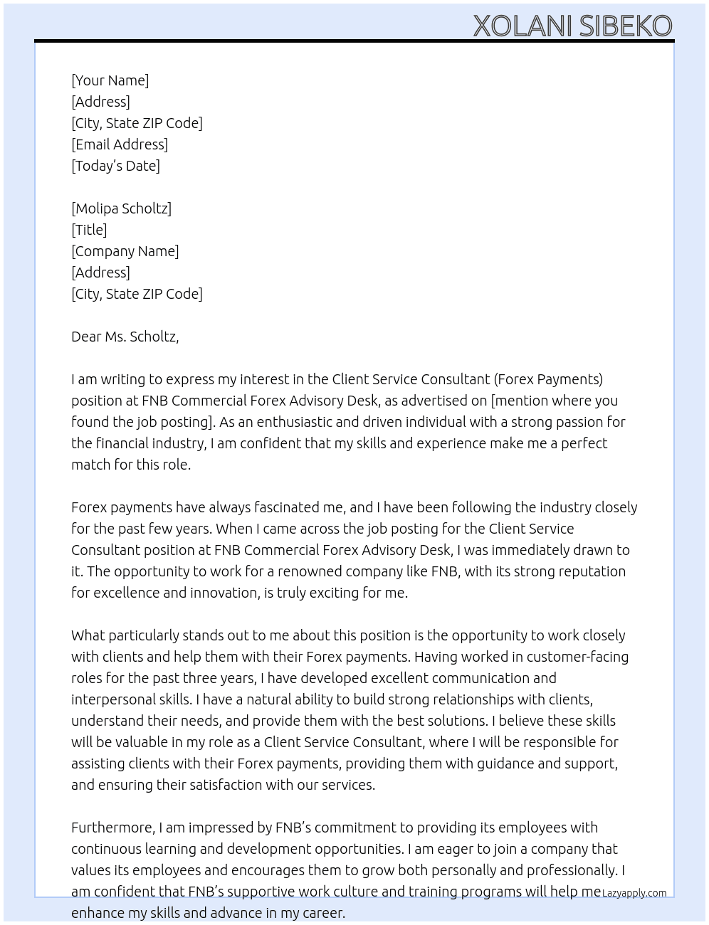 Client Service Consultant (Forex Payments) At FNB Commercial Forex Advisory Desk  Cover Letter