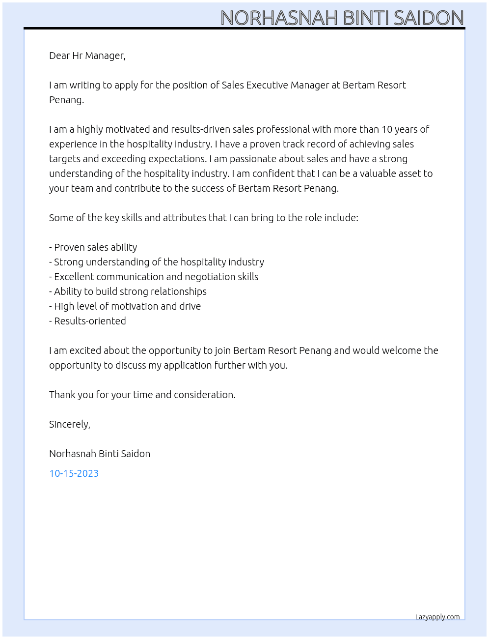 Sales Executive Manager At Bertam Resort Penang Cover Letter