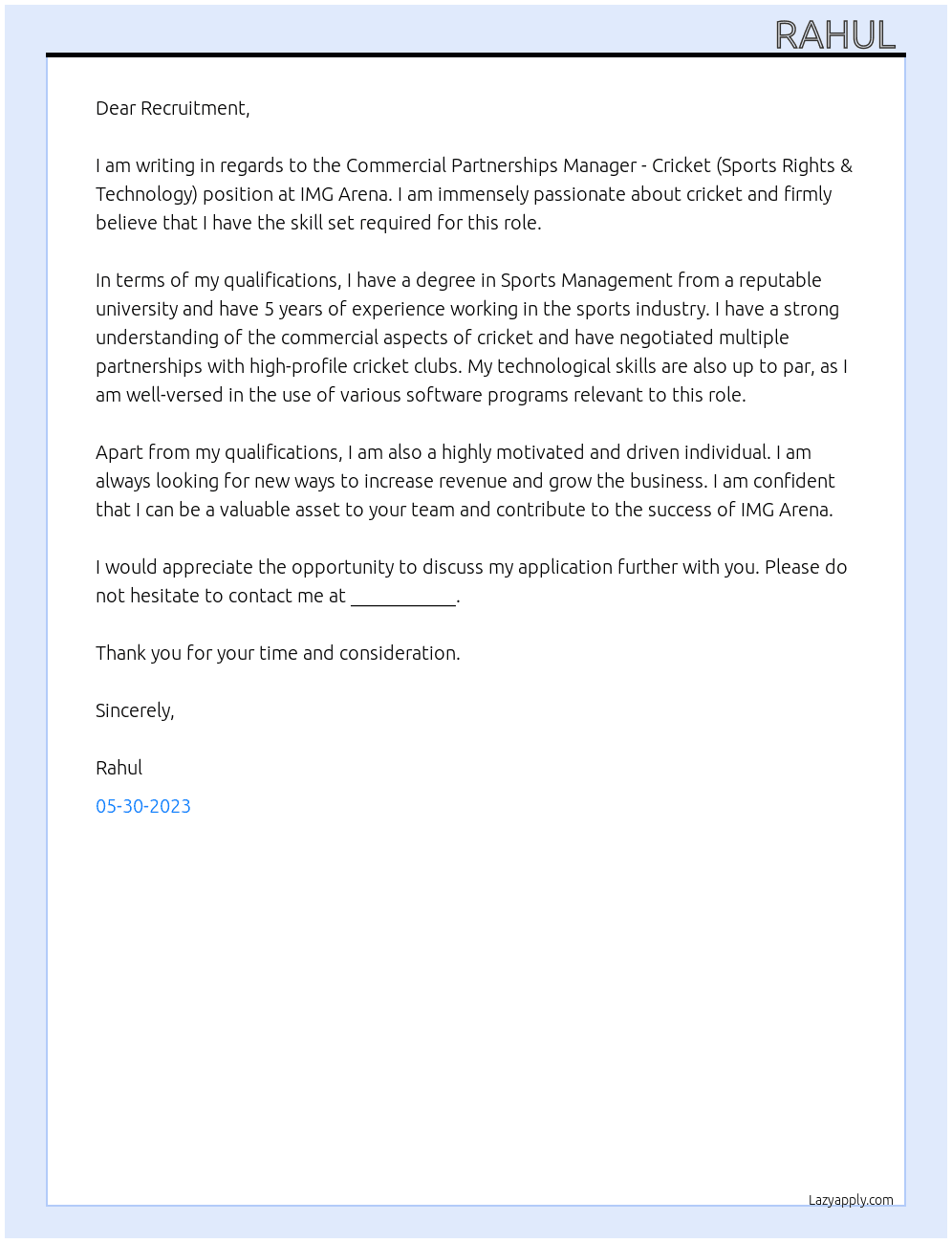 Commercial Partnerships Manager - Cricket (Sports Rights & Technology) At IMG Arena Cover Letter