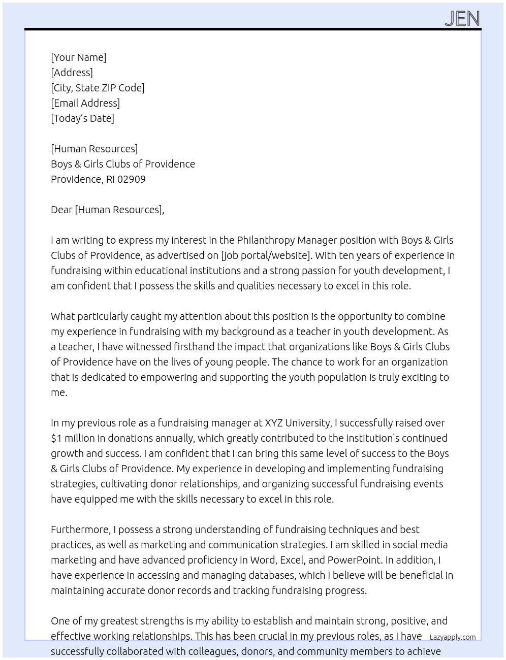 Philanthropy Manager At Boys & Girls Clubs of Providence Cover Letter