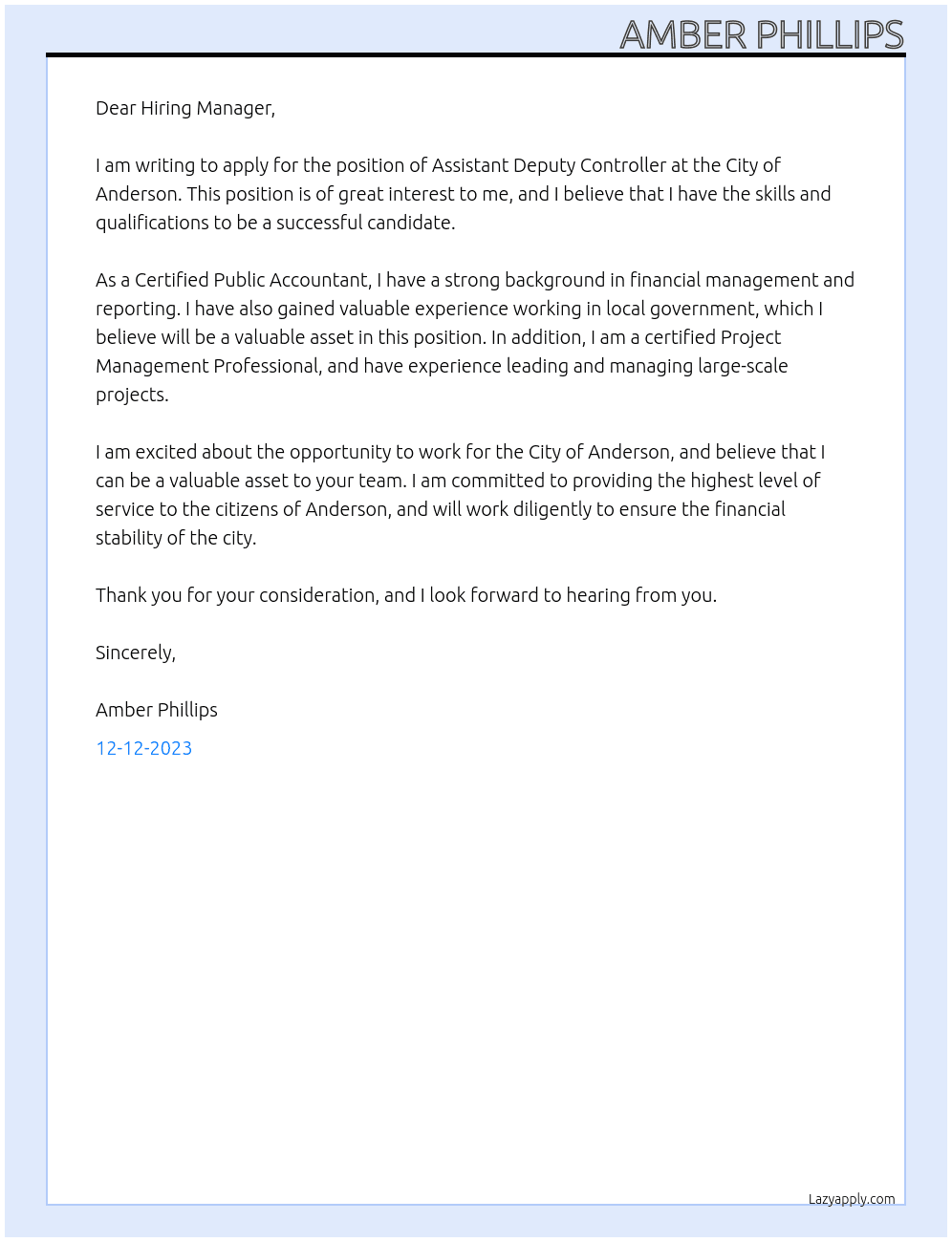 Assistant Deputy Controller At City of Anderson Cover Letter