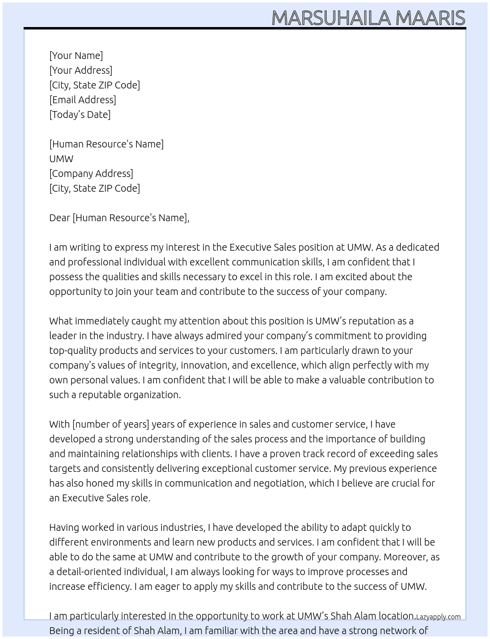 Executive Sales  At UMW Cover Letter
