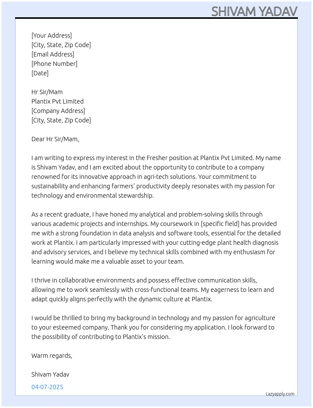 Fresher At Plantix pvt limited Cover Letter