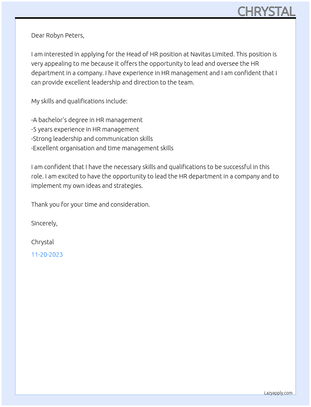 Head of HR At Navitas Limited Cover Letter