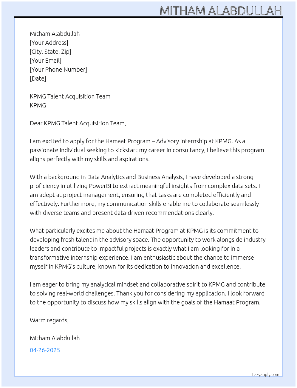 Cover letter for hamaat program – advisory - LazyApply