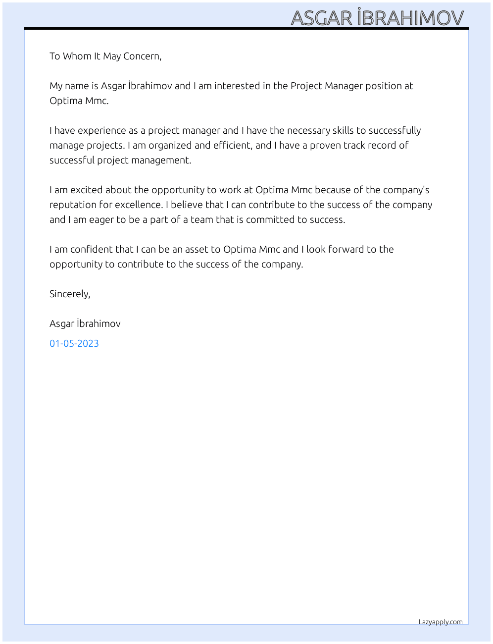 Project Manager  At Optima Mmc Cover Letter