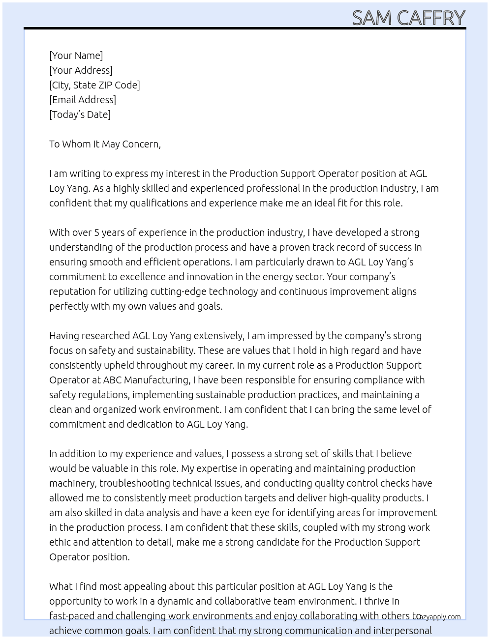 Production Support Operator At AGL Loy Yang Cover Letter