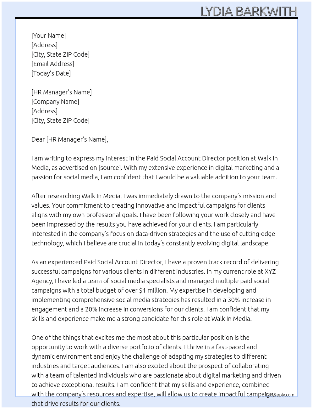 Paid Social Account Director At Walk In Media Cover Letter