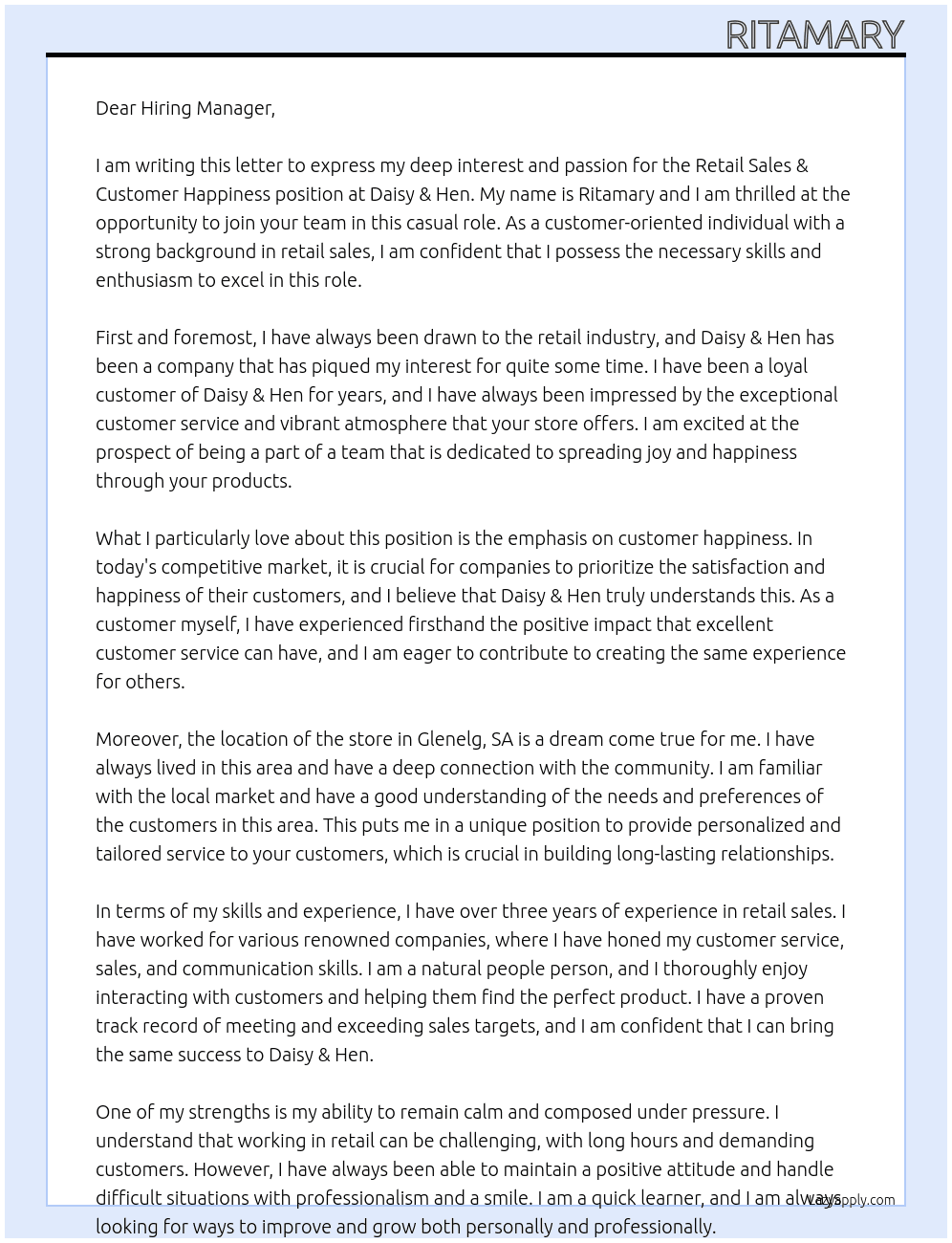 Retail Sales & Customer Happiness At Daisy & Hen  Cover Letter