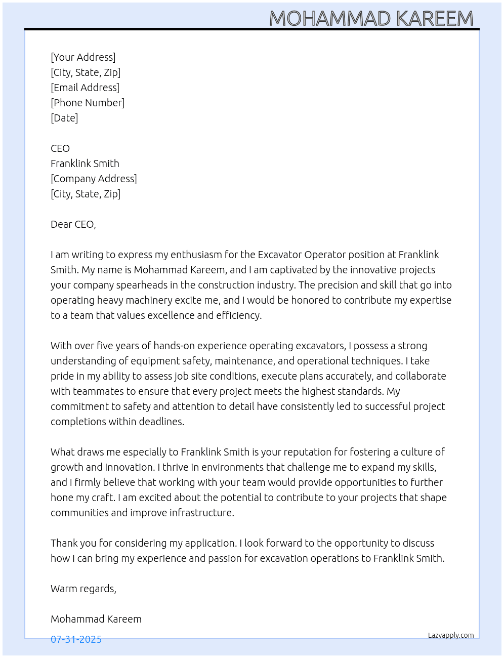 Excavator operator  At Franklink smith Cover Letter