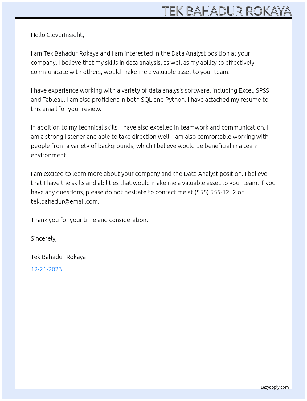 Data Analyst At CleverInsight Cover Letter