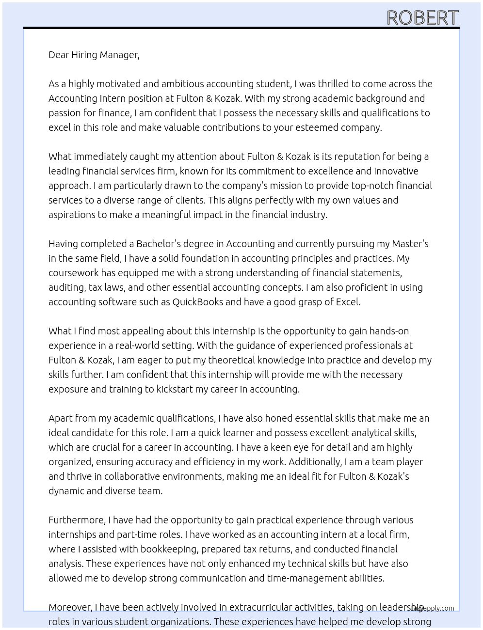 Accounting Intern At Fulton & Kozak Cover Letter