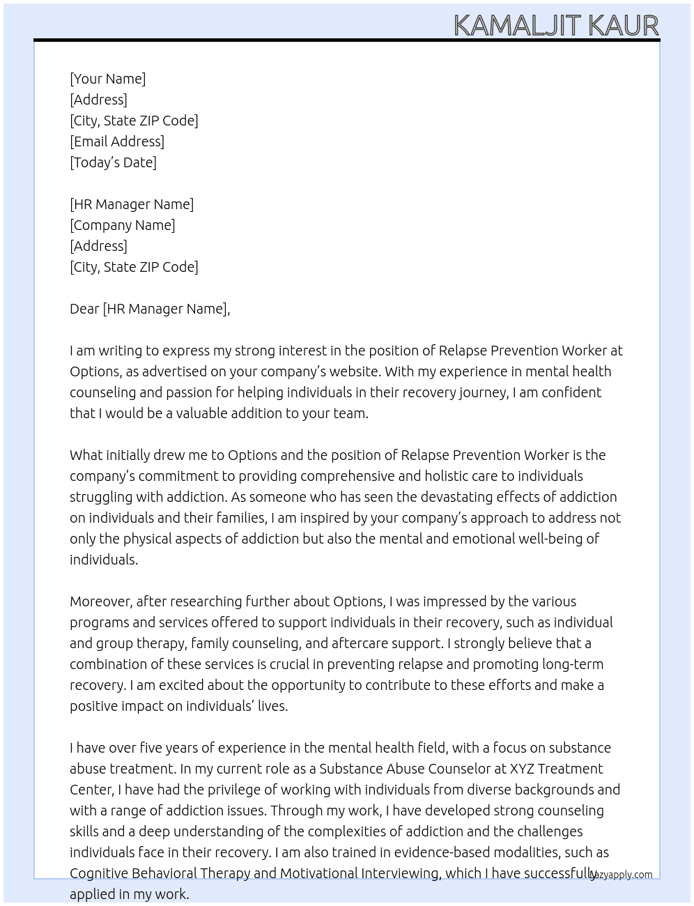 RELAPSE PREVENTION WORKER At Options Cover Letter