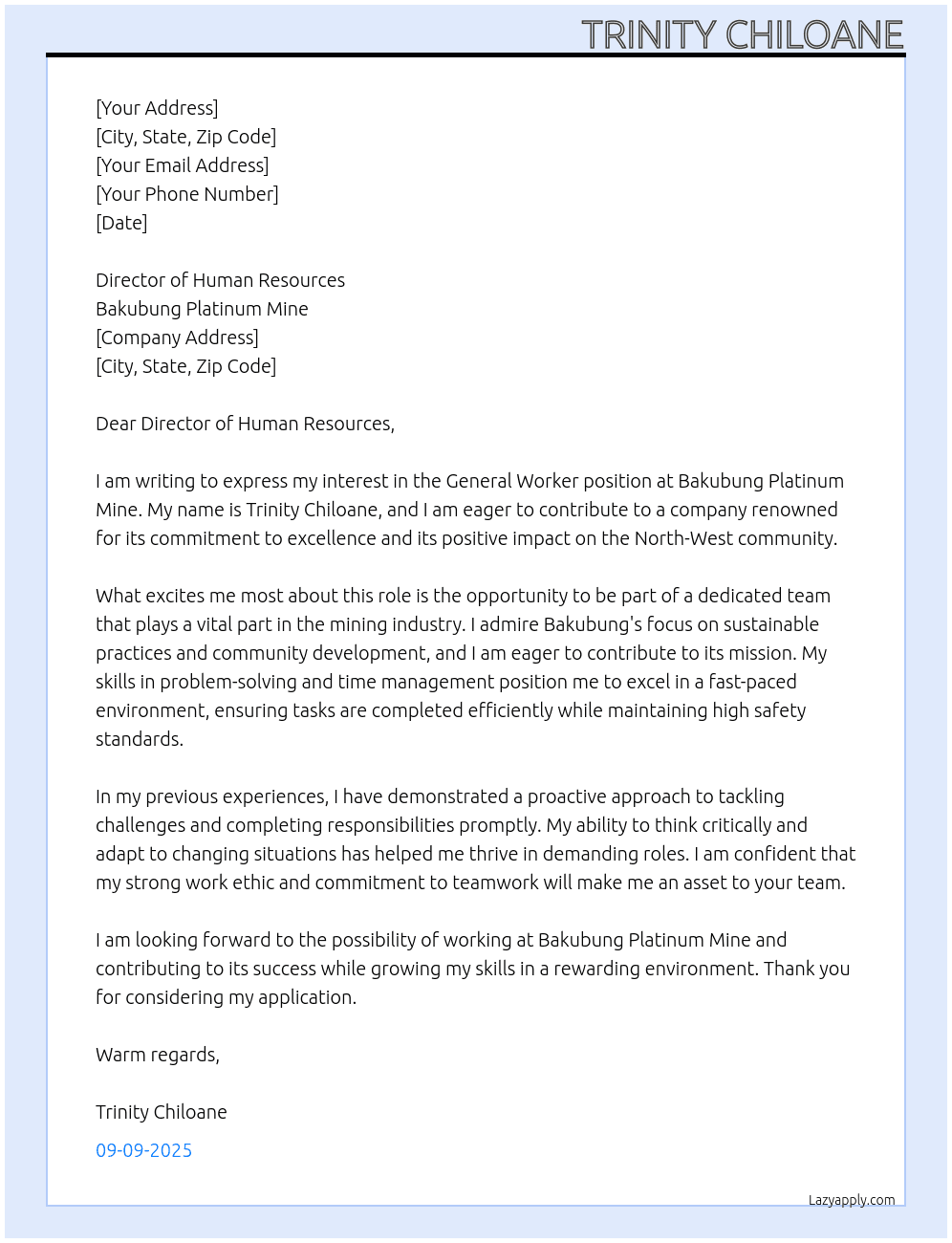 general worker At Bakubung platinum mine Cover Letter
