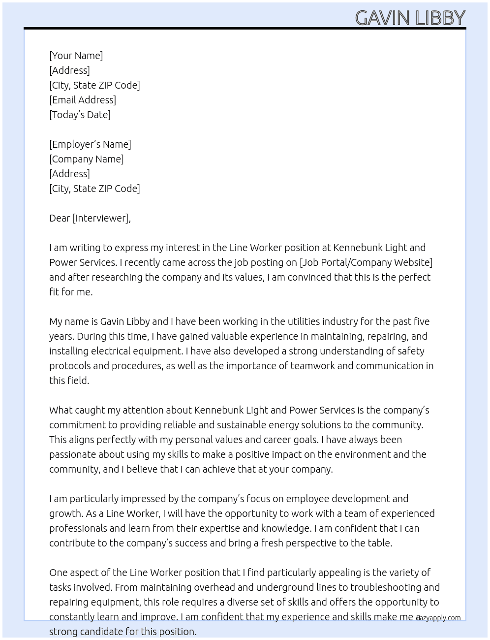 Line Worker At Kennebunk Light and Power Services Cover Letter