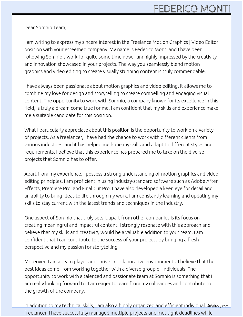 Freelance Motion Graphics | Video Editor At Somnio Cover Letter
