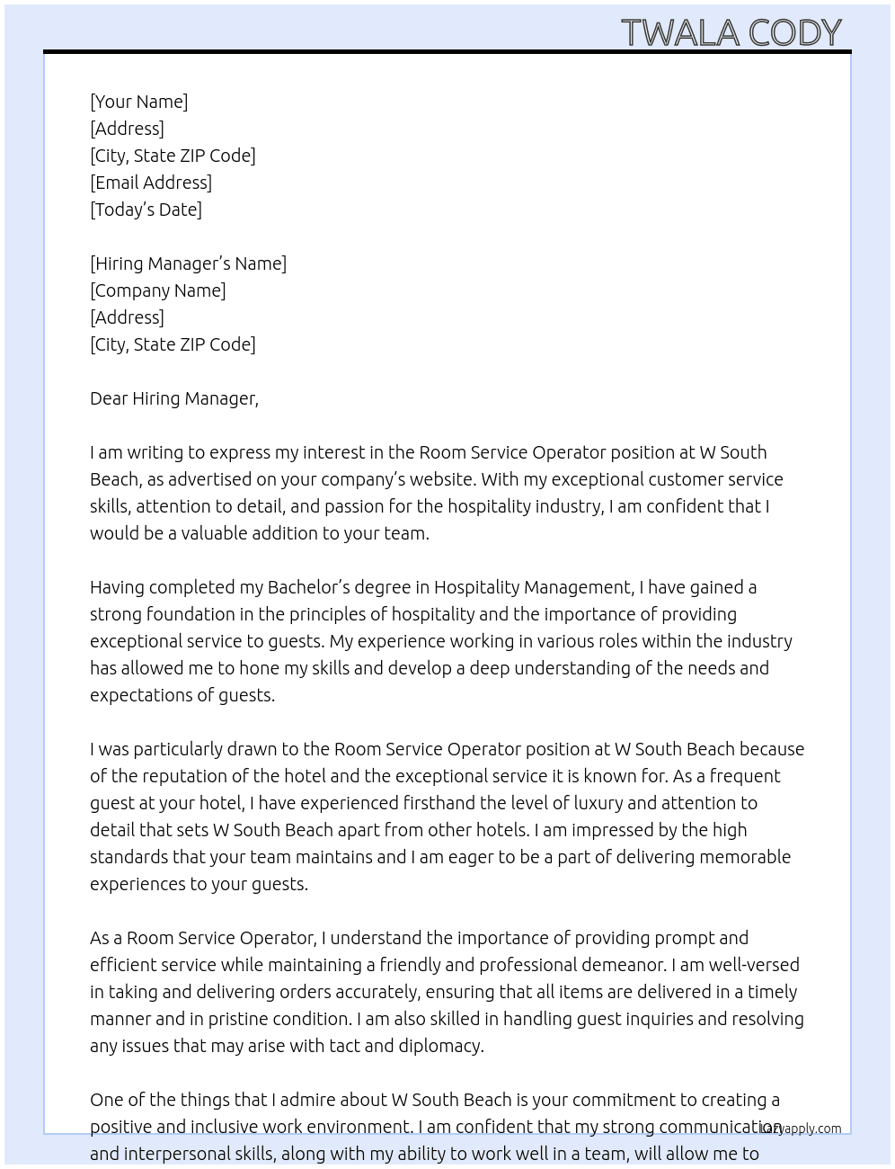 Room Service Operator At W South Beach Cover Letter