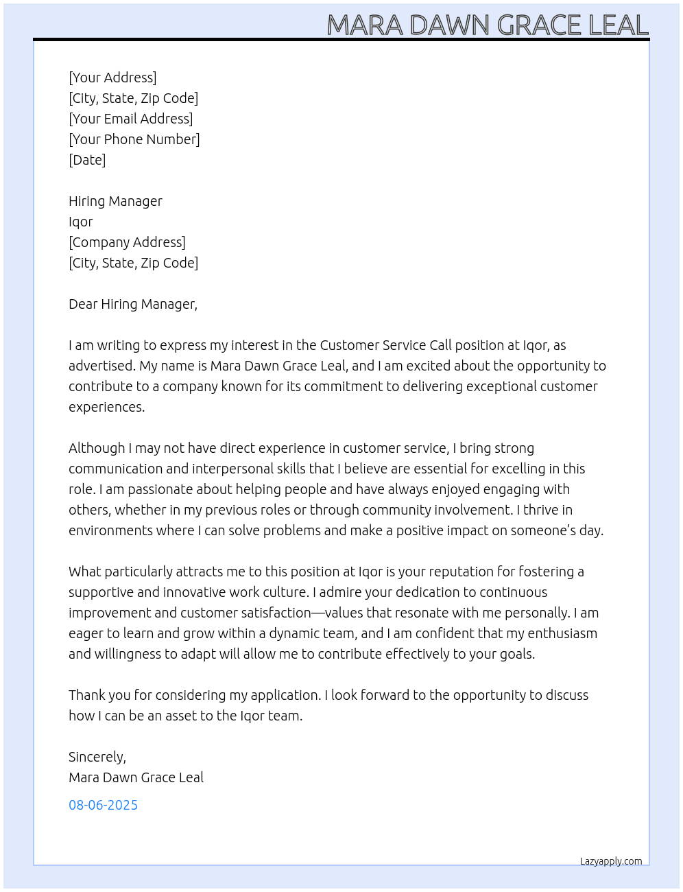 Costumer Service Call At Iqor Cover Letter