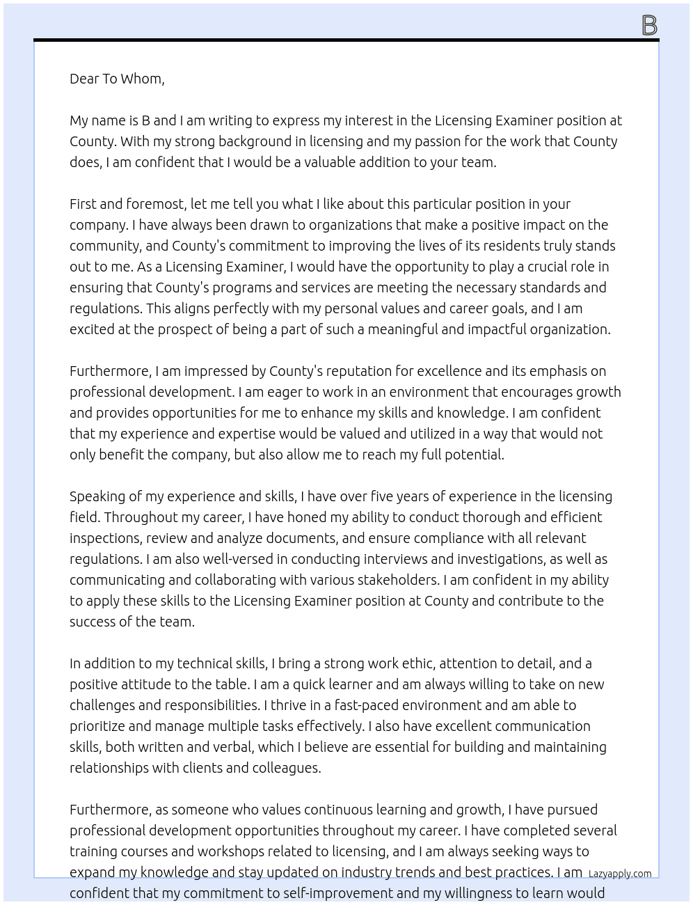Licensing Examiner At County Cover Letter