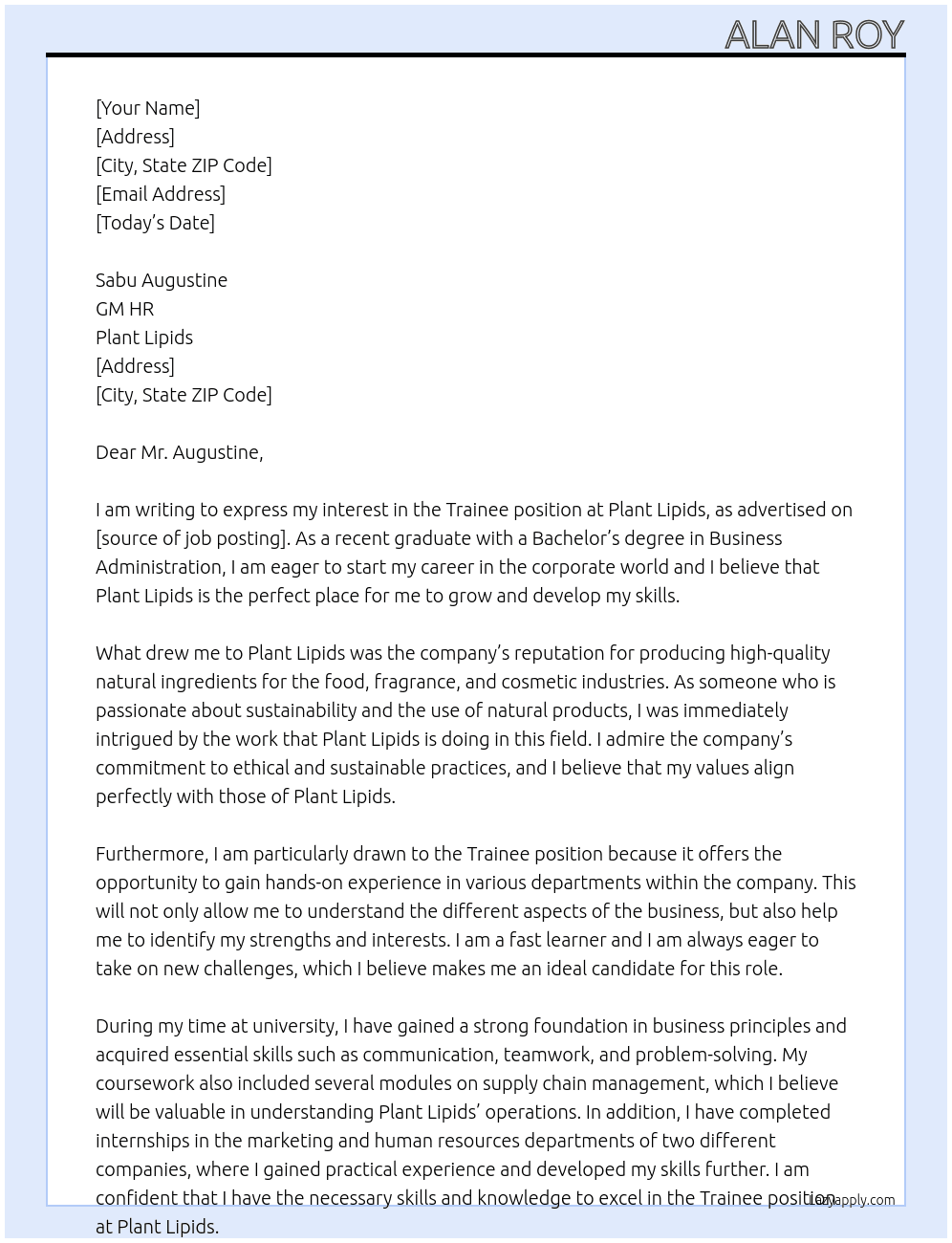 Trainee At Plant lipids Cover Letter