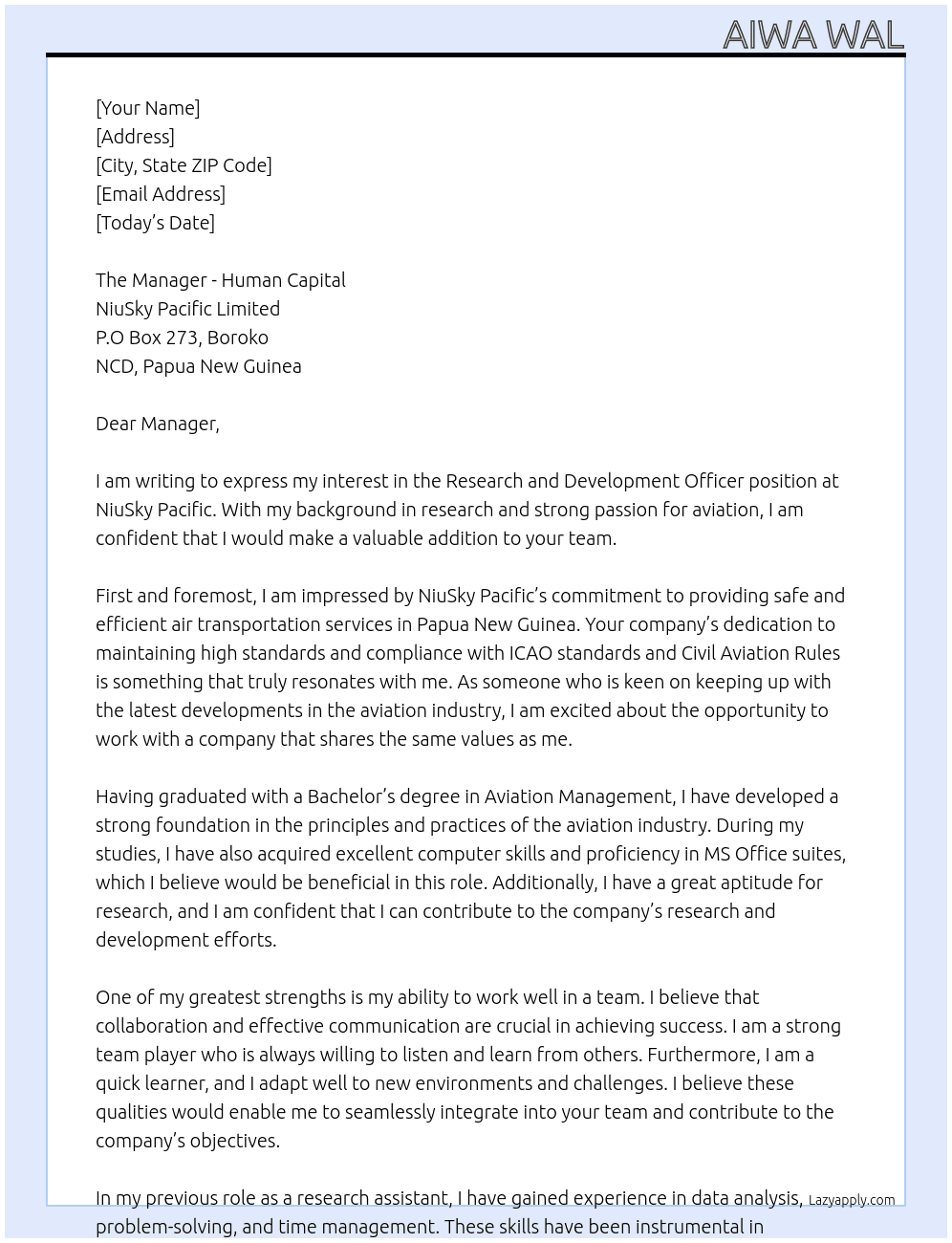 Research and development officer  At NiuSKY Pacific  Cover Letter