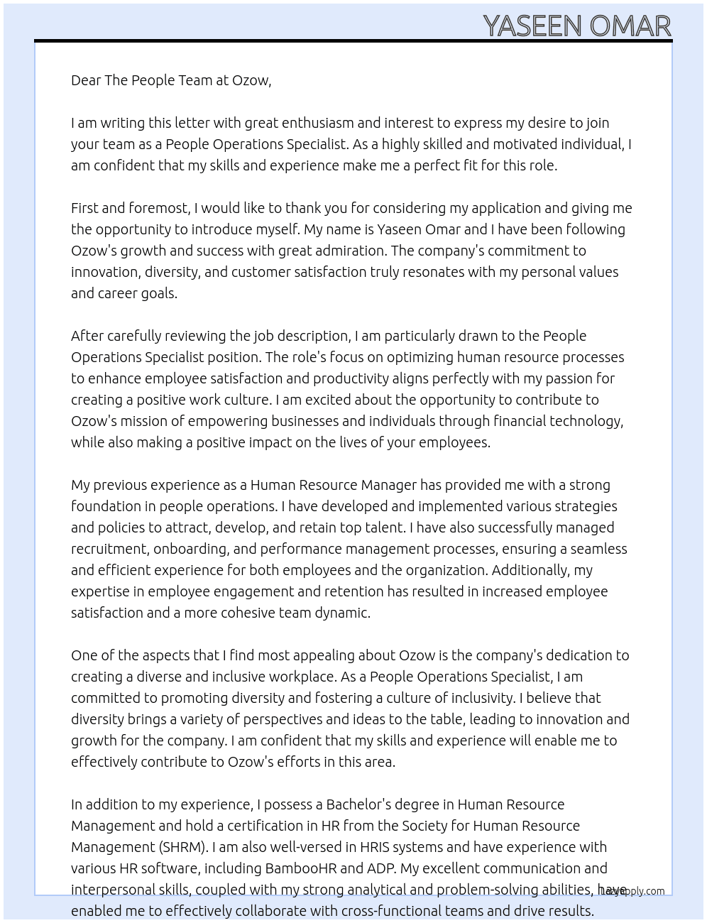 People Operations Specialist  At Ozow Cover Letter