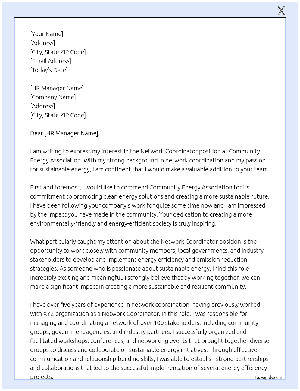 Network Coordinator At Community Energy Association Cover Letter