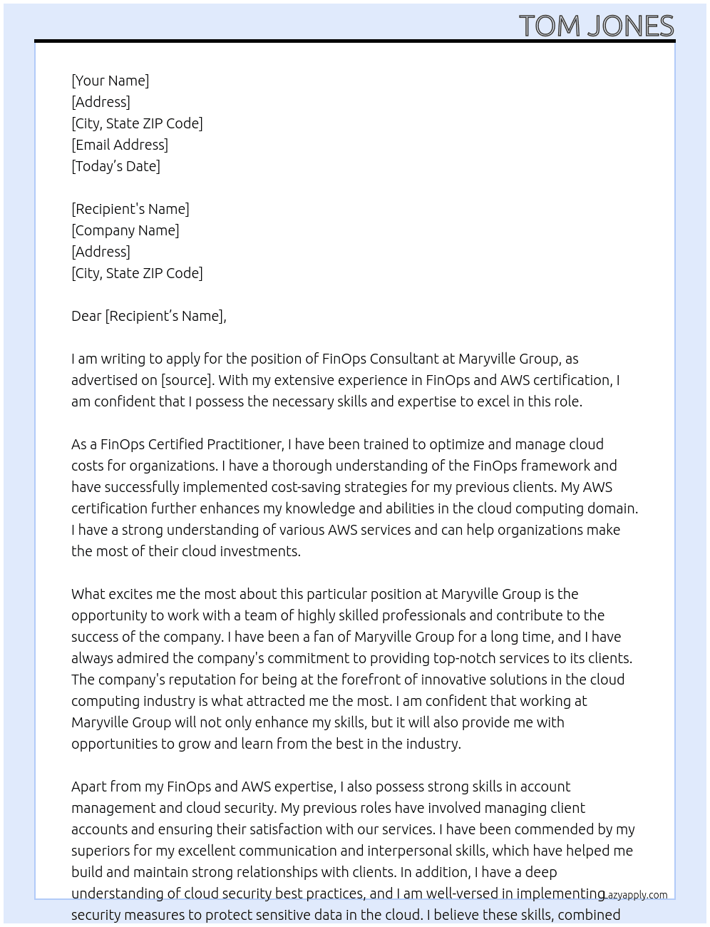 FinOps Consultant  At Maryville Group Cover Letter