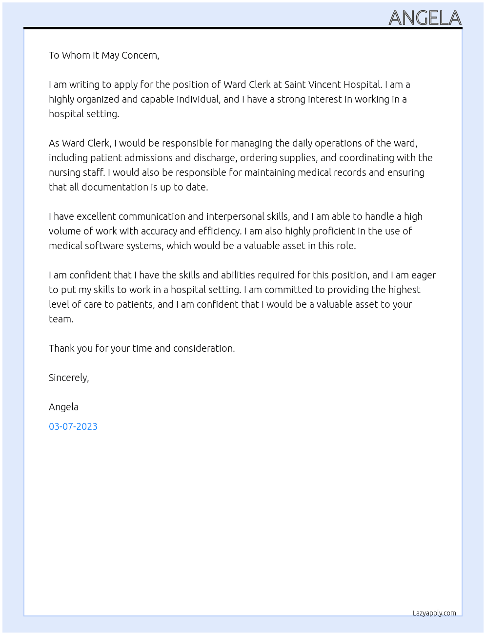 Ward Clerk At Saint Vincent Hospital  Cover Letter
