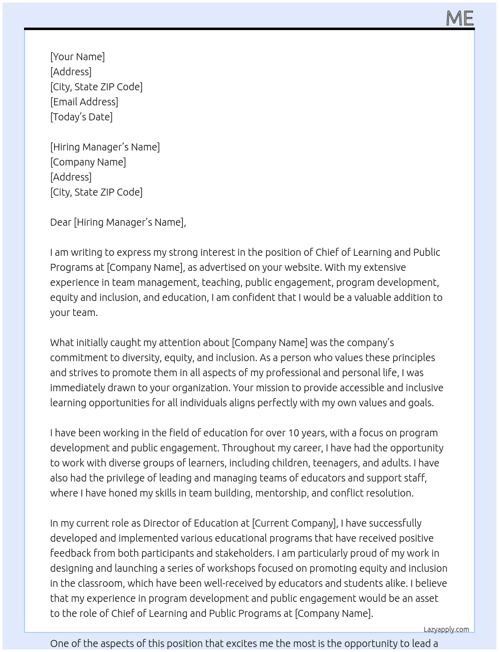 chief, learning and public programs At You Cover Letter