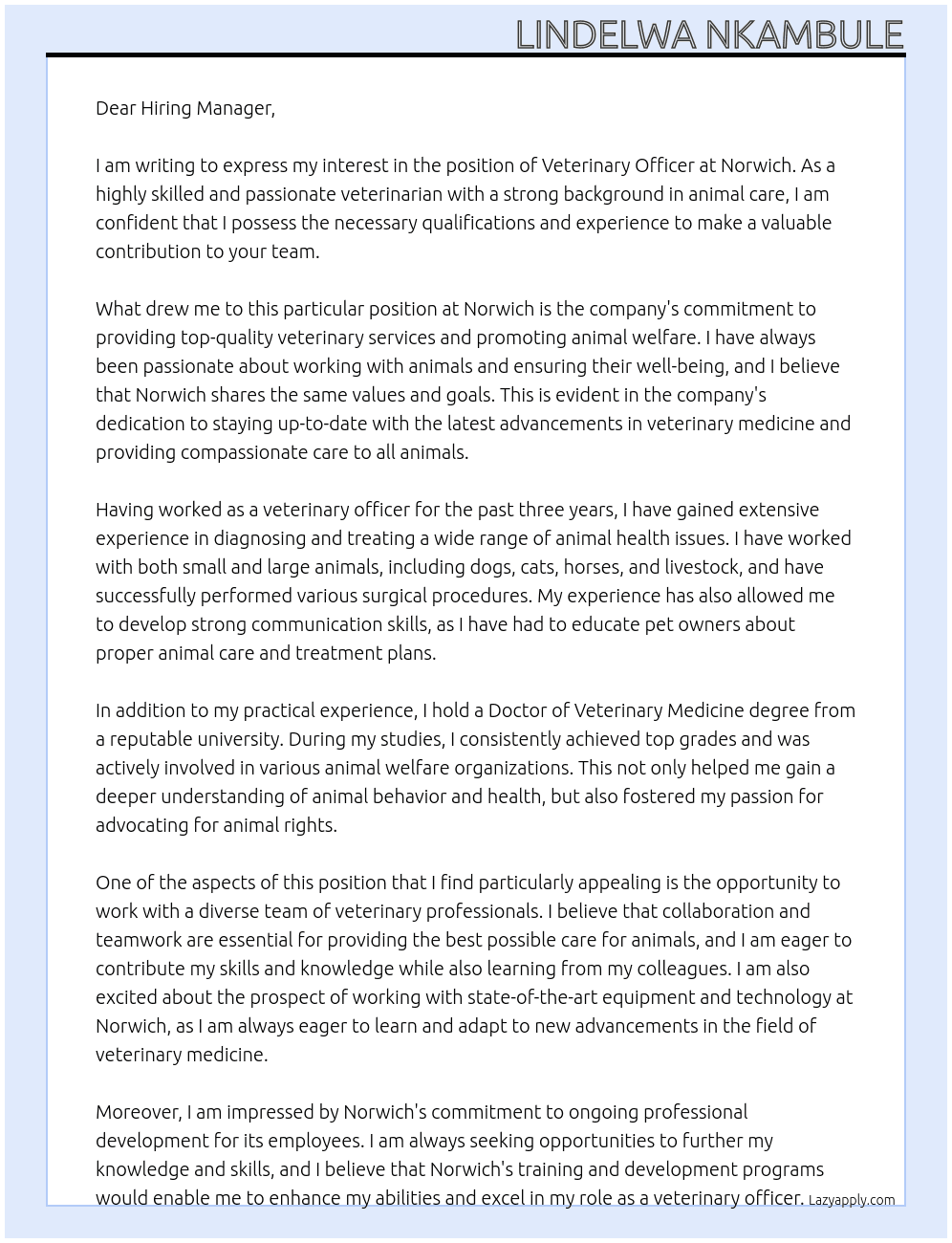 veterinary officer At Norwich Cover Letter