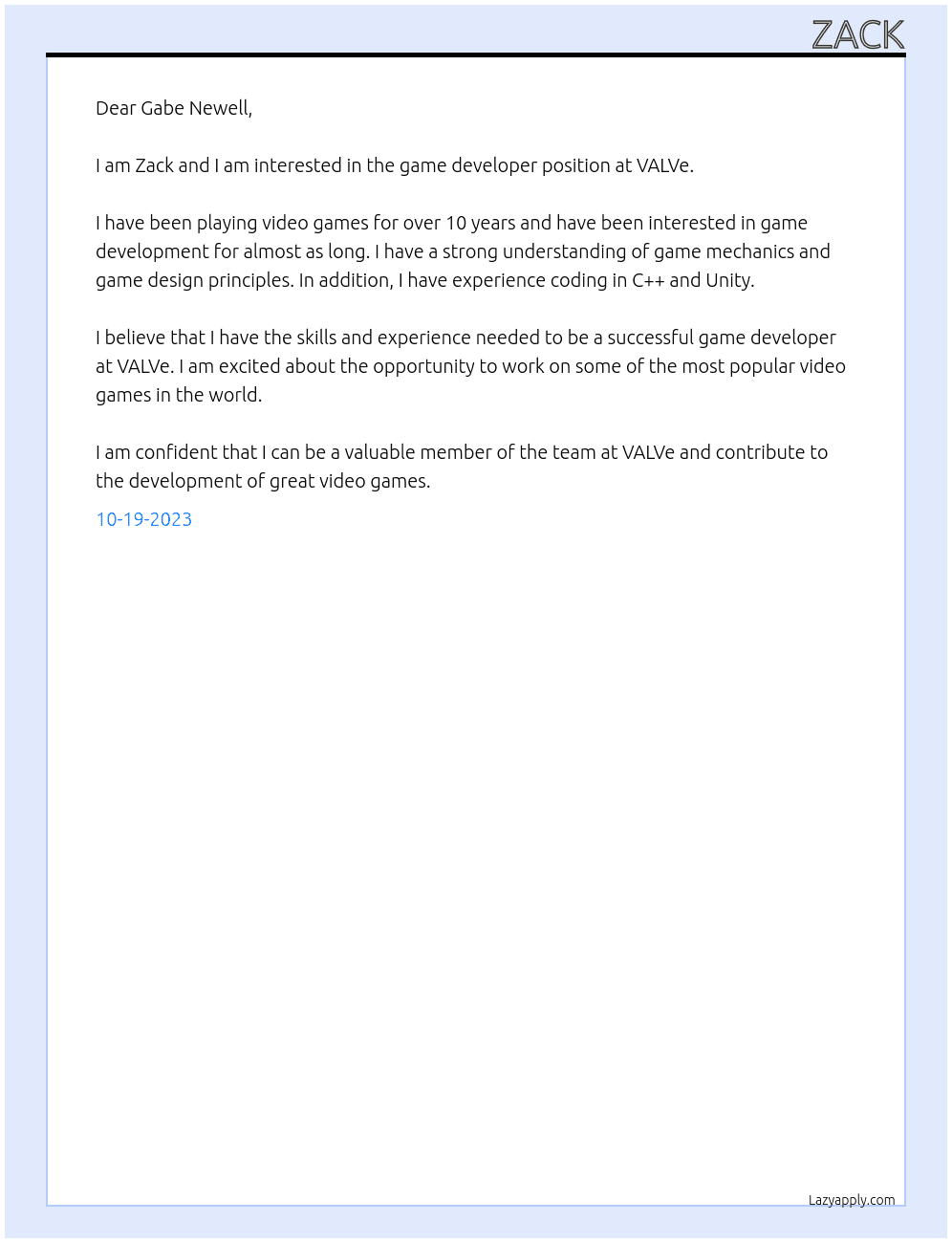 Game Developer At VALVe Cover Letter