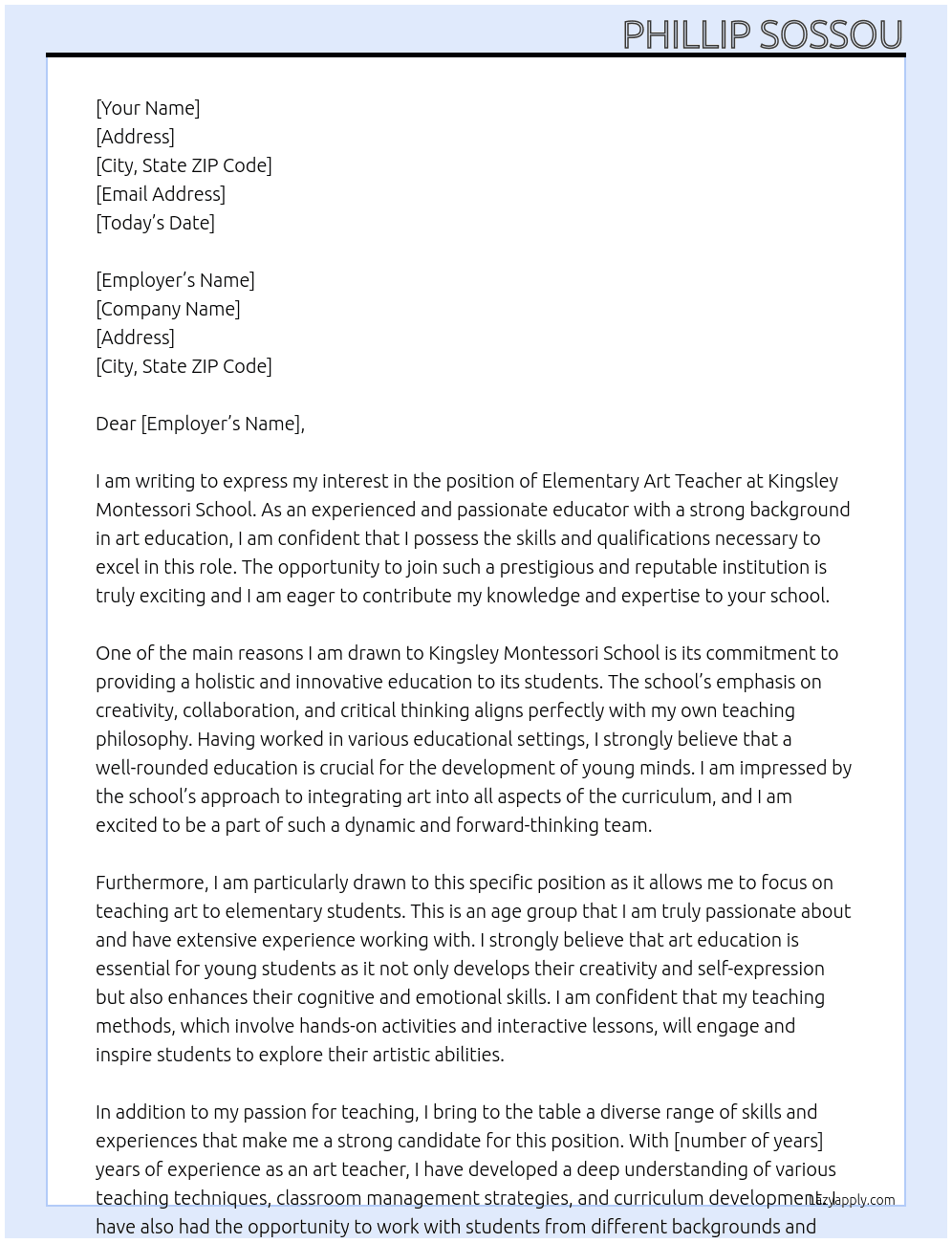 Elementary Art Teacher At Kingsley Montessori School Cover Letter