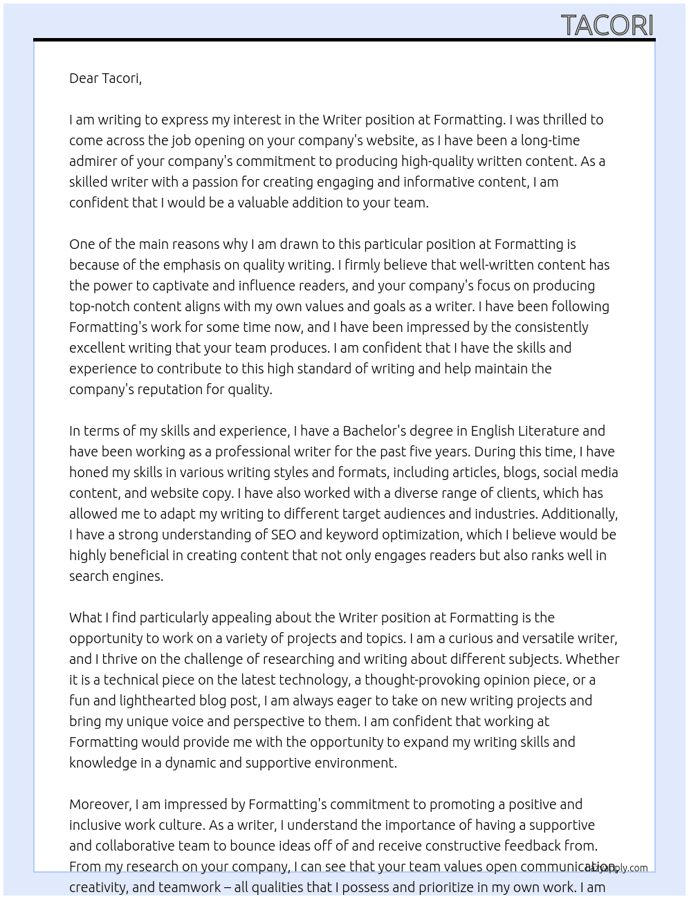 Writer At Formatting Cover Letter