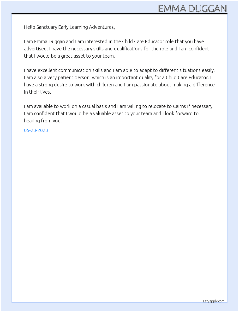  Child Care Educator At Sanctuary Early Learning Adventures Cover Letter