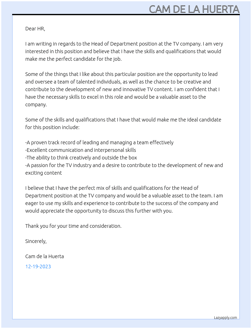 Head of Department At TV company Cover Letter