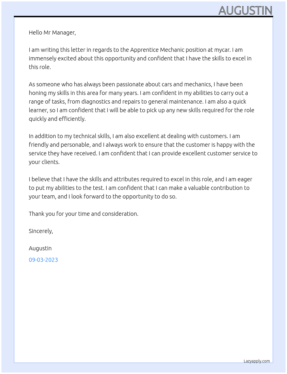 Apprentice Mechanic At mycar Cover Letter