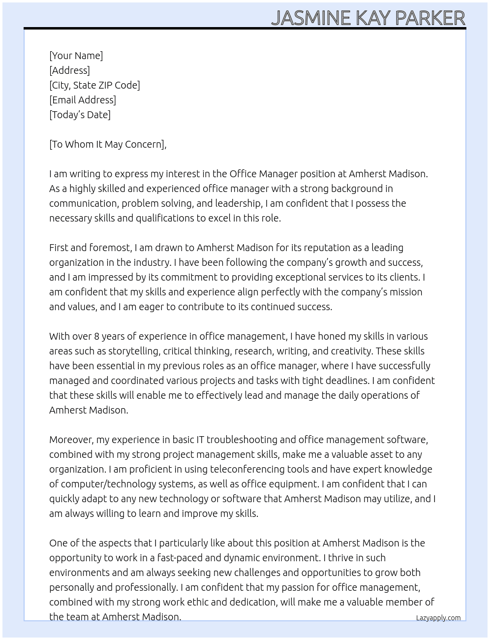 Office Manager At Amherst Madison  Cover Letter