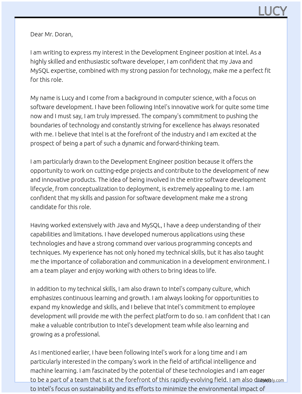 Development Engineer At Intel Cover Letter