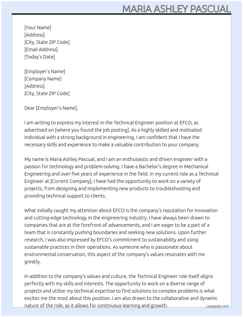 Techinical Engineer At EFCO Cover Letter