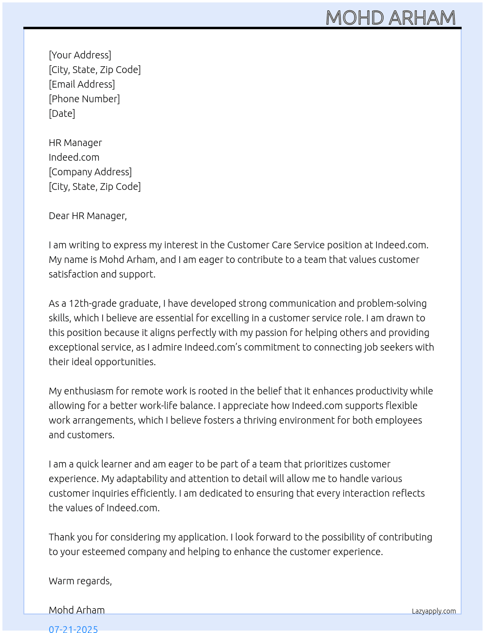 Cover letter for customer care service - LazyApply